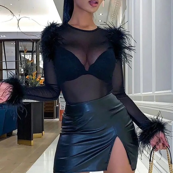 Fashion Nova Tops - Fashion nova black feather bodysuit